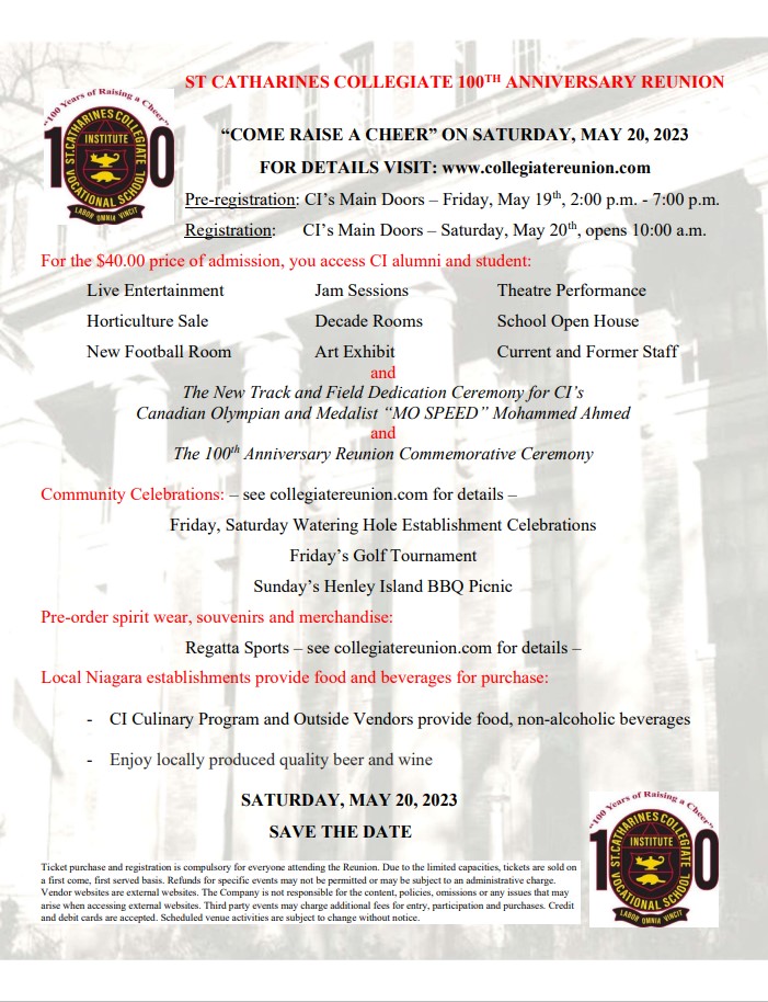 Splash page for St. Catharines Collegiate 100th Anniversary Reunion